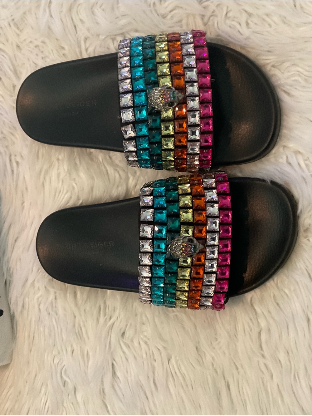 Kurt Geiger Black Slide Sandals with Rainbow Crystal Straps